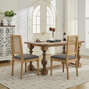 Vynxaria Set of 2 French Decor Dining Chairs, Louis Style with Square Rattan Backrest, Carved Solid Wood Frame, Gray Linen Upholstery - 1 of 4