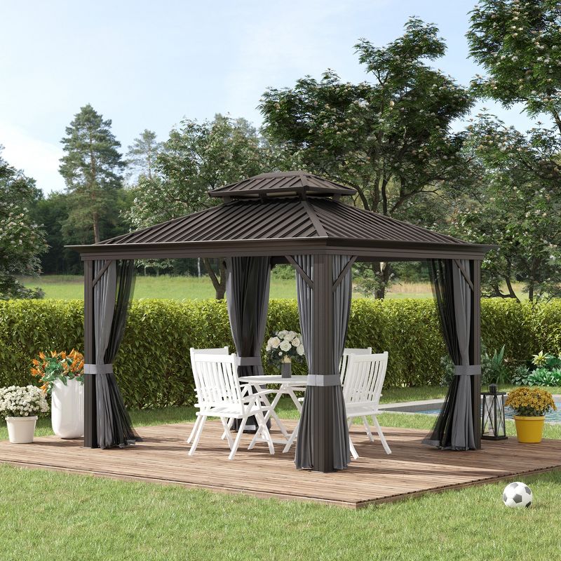 Outsunny Patio Gazebo 10' x 12', Netting & Curtains, 2 Tier Double Vented Steel Roof, Hardtop, Ceiling Hooks, Rust Proof Aluminum, Gray, 2 of 7