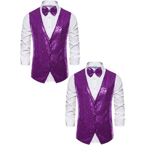 Lars Amadeus Men's Disco Shiny Sequin Sleeveless Suit Waistcoat Set with Bow Tie 2 Packs - 1 of 4