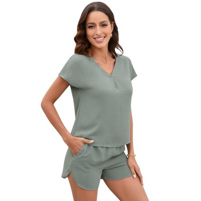 Womens Summer Pajama Sets 2 Piece Lounge Sets Shorts Set V Neck Shirt with 4 Inseam Shorts Solid Pajama Sets - Light Green,L