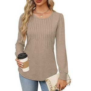 Coolmee Women's Long Sleeve Shirts Pleated Crewneck Business Casual Blouses - 1 of 4