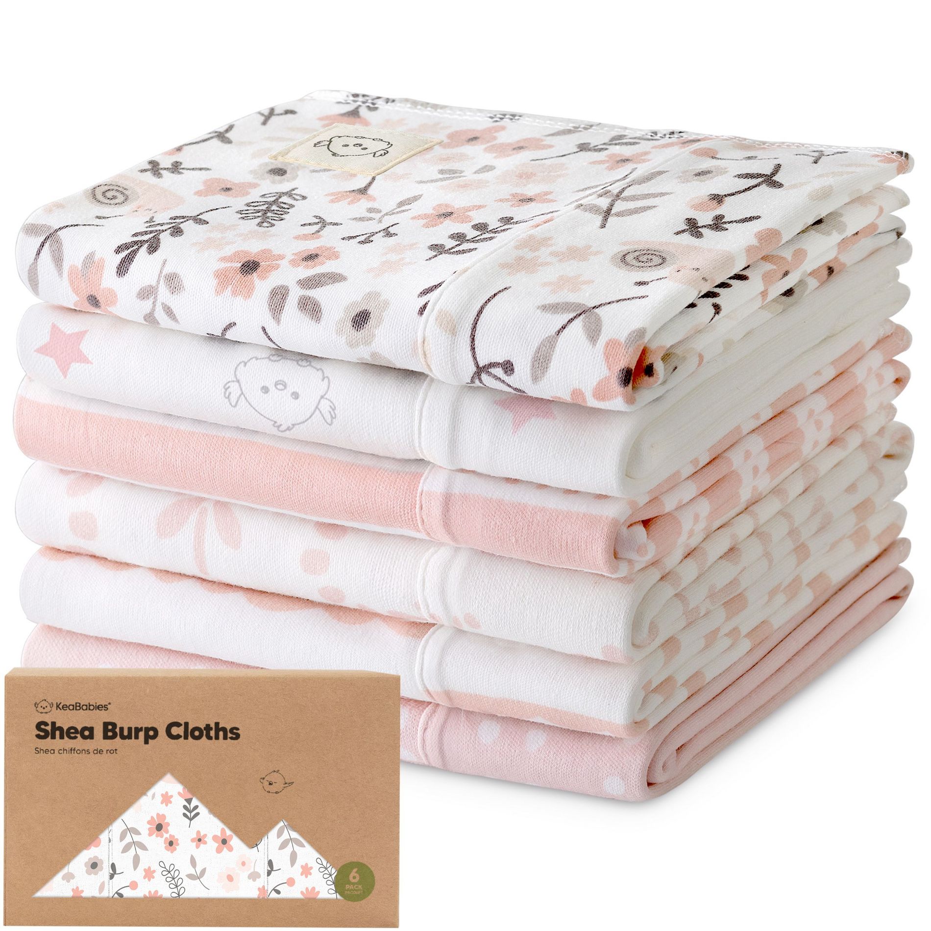 6pk Shea Baby Burp Cloths for Baby Boys and Girls, Organic Burping Cloths for Babies, Newborn (Sweet Charm)
