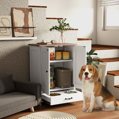 31" Dog Feeding Station with Raised Bowls,Hidden Storage Cabinet and Hooks,Adjustable Dog Food Stand for Medium Dogs–LAOTIES