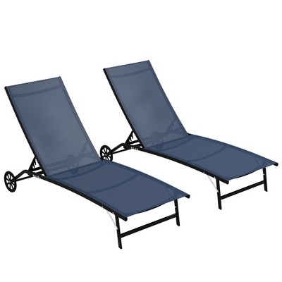 Dark Blue Adjustable Outdoor Chaise Lounge Chairs with Wheels