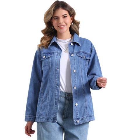 Allegra K Women's Oversized Long Sleeve Pocket Long Jean Jacket X-Large Light Blue