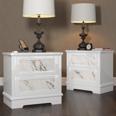 AMERLIFE Marble Nightstand Set of 2 with Drawers, Storage End Table for Bedroom with Hidden Door, White