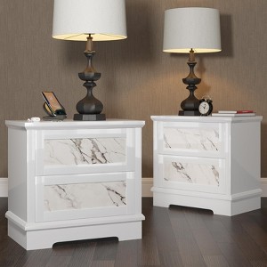 AMERLIFE Marble Nightstand Set of 2 with Drawers, Storage End Table for Bedroom with Hidden Door, White - 1 of 4