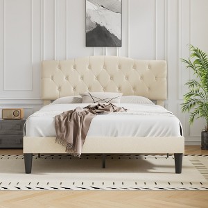 VECELO Upholstered Bed Wooden Platform Bed with Velvet Adjustable Headboard No Box Spring Neededs Frame - 1 of 4