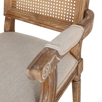 French Country Elegance Beige & Natural Wood Cane Upholstered Arm Chair