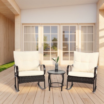 COWLOWN Gray 3-Piece Outdoor Rocking Patio Set, Rattan Bistro Conversation Set with Cushions and Coffee Table for Balcony, Garden, or Poolside