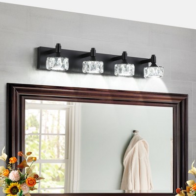 DOMETOUR 4-Light Matte Black LED Vanity Light with Crystal Glass Shades, Modern Bathroom Wall Sconce