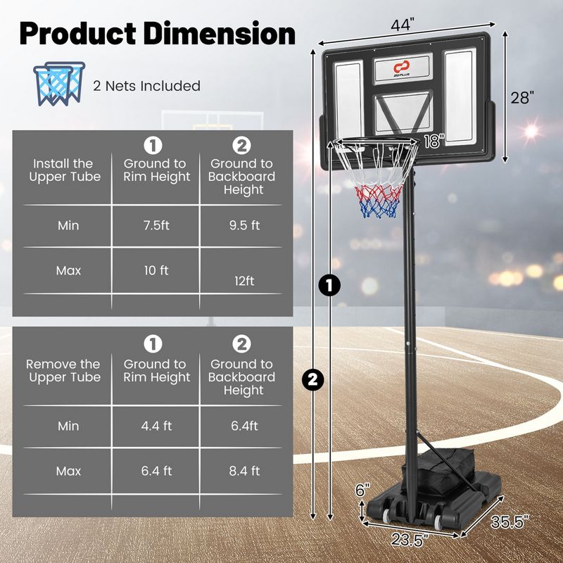 Costway Portable Basketball Hoop 11-Level Height Adjustable Basketball Hoop & Goal, 3 of 11