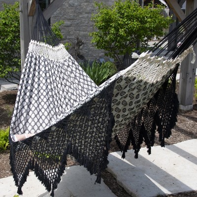Luxo Black and White Brazilian Cotton Double Hammock with Fringe