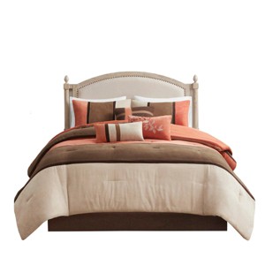 Gulches Palisades 7 Piece Coral Ivory Brown Colorblock Faux Suede Cal King Comforter Set - 1 of 4