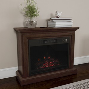 Mobile Electric Fireplace with Mantel - Portable Heater on Wheels with Remote Control, Light-Adjustable LED Flames, and Faux Logs by Northwest (Brown) - 1 of 4