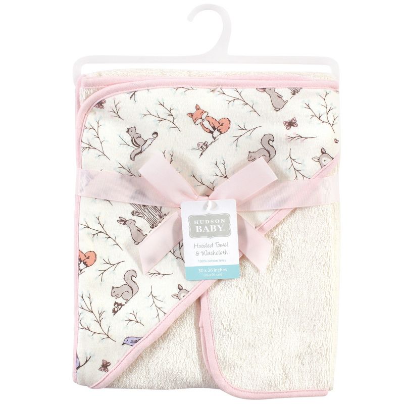 Hudson Baby Infant Girl Cotton Hooded Towel and Washcloth 2pc Set, Enchanted Forest, One Size, 3 of 4