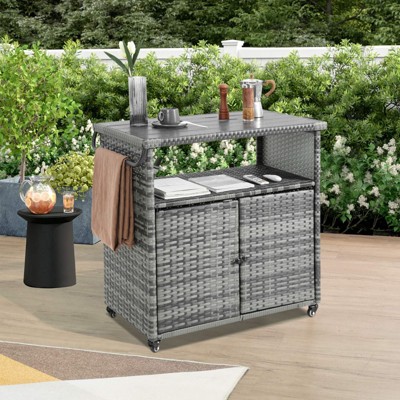 VisioGear Outdoor Bar Cart, Patio Wine Serving Cart, Rolling Rattan Beverage Bar Counter Table for Party, Aqua Grey, 51.18"*19.69"*35.43"