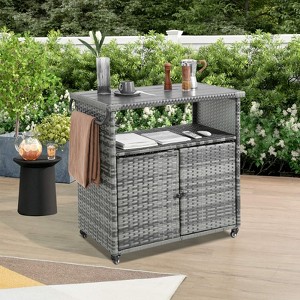 VisioGear Outdoor Bar Cart, Patio Wine Serving Cart, Rolling Rattan Beverage Bar Counter Table for Party, Aqua Grey, 51.18"*19.69"*35.43" - 1 of 4
