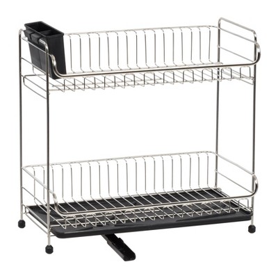IRIS Stainless Steel 2-Tier Compact Dish Rack with Black Tray