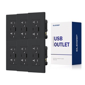 ELEGRP USB Outlet Receptacle, 20 Amp Outlet with USB C and USB A Port,21W Duplex Tamper Resistant Wall Outlet, Wall Plate Included, UL Listed, Black - 1 of 4