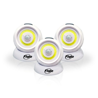Flipo Revolution Motion Sensing Rotatable Magnetic Spotlight With Magnetic Base Peel Stick Tabs & Hanging Keyhole Slot - Set of 3