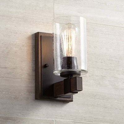 Bronze and Wood Grain Industrial Wall Sconce with Seedy Glass Shade