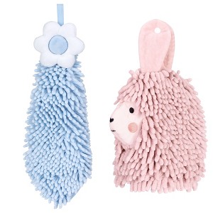 REGALWOVEN Soft Absorbent Flower Pattern and Sheep Pattern Chenille Hand Towel with Loop 6" x 15"/7" x 11" 2 Pcs - 1 of 4