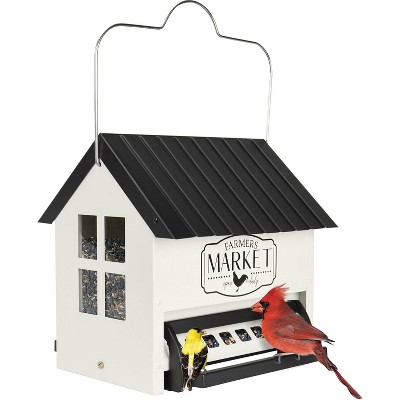 White and Black Metal Squirrel Resistant Hanging Hopper Feeder