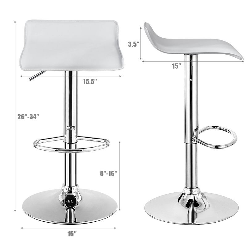 Costway Set of 2 Swivel Bar Stools Adjustable PU Leather Backless Dining Chair White Low Back, 2 of 10
