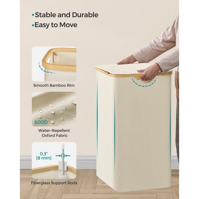 Cream White Collapsible 3-Section Laundry Hamper with Bamboo Lid