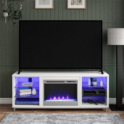 White Modern Fireplace TV Stand with LED Shelves for 70" TVs