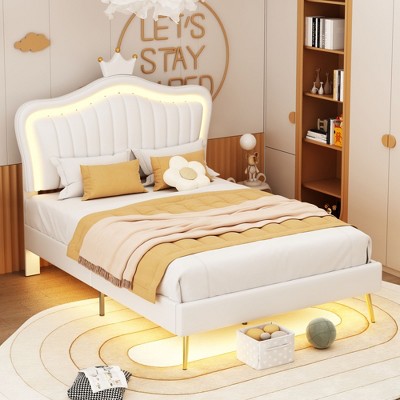 NicBex Twin/Full/Queen Upholstered Platform Bed Frame with LED Lights,Princess Bed Frame with Crown Headboard for Girls,Easy Assembly,Noise-Free