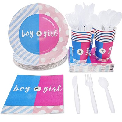 Juvale Gender Reveal Party Supplies - Serves 24 Boy or Girl Baby Shower Decorations, Includes Paper Plates, Napkin, Cups, Cutlery