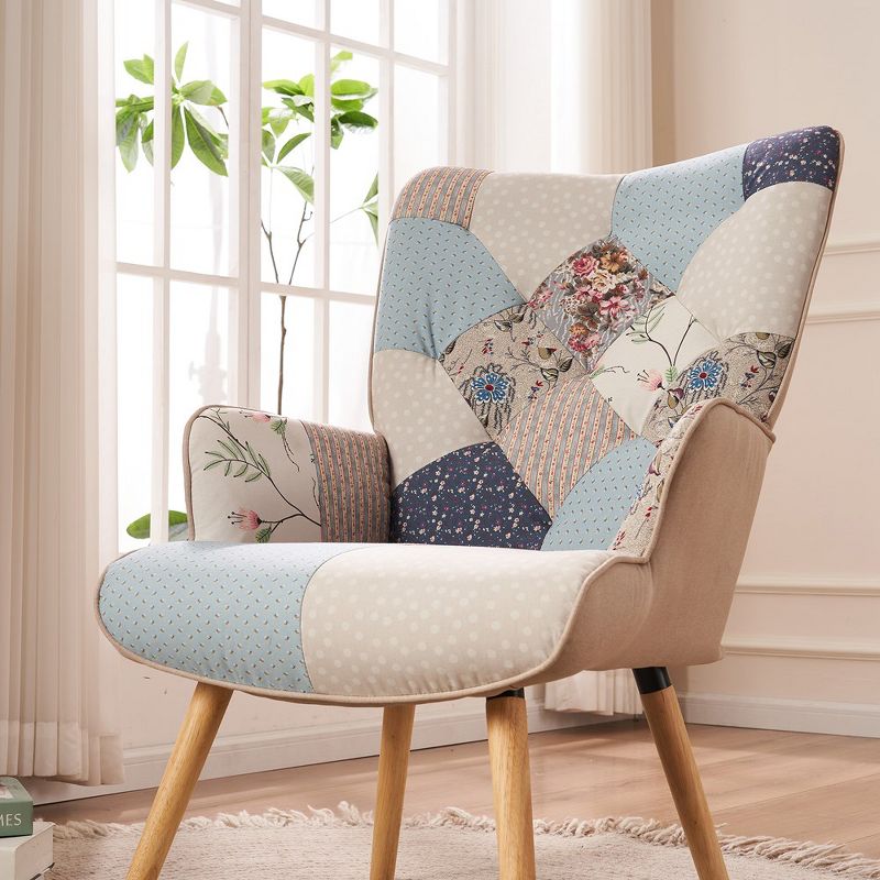 FERPIT Patchwork Upholstered Wingback Accent Chair with Rubberwood Legs, 3 of 6