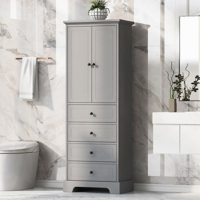 Freestanding Storage Cabinet with 2 Doors and 4 Drawers for Bathroom, Living Room, Office, Modern Tall Storage Furniture with Adjustable Shelf