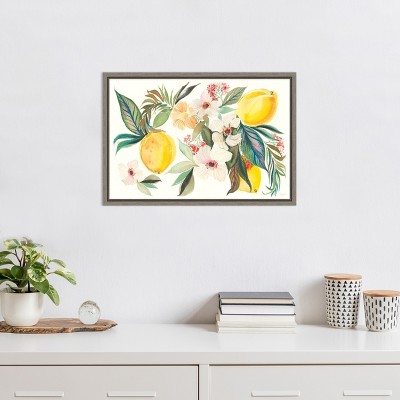 Citrus Summer Floral Canvas Wall Art with Gray Frame