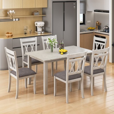 VECELO Farmhouse Style Dining Table Set, Rubber Wood Table with 4/6 Upholstered Dining Chairs, Gray