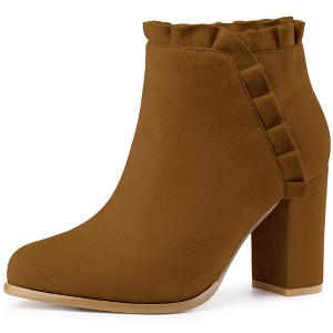 Perphy Women's Ruffle Round Toe Zippered Chunky High Heel Ankle Boots - 1 of 4