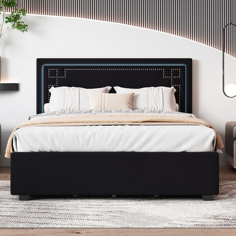 Queen Size Upholstered Platform Bed with Rivet-Decorated Headboard, LED Light and 4 Drawers - ModernLuxe, 2 of 13