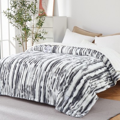COZONY Ultra-Soft Striped Faux Rabbit Fur Blanket, 4 Warmth Levels, 10-Hour Timer, Safety Certified
