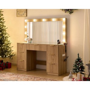 AMERLIFE Makeup Vanity Desk with Mirror & LED Lights, Drawers, Tempered Glass Top, Charging Station, Modern Bedroom Dressing Table - 1 of 4