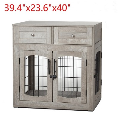 Dog Crate Wooden Kennel Indoor End Table Pet Furniture With Doors & Drawers