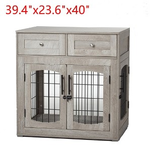 Dog Crate Wooden Kennel Indoor End Table Pet Furniture With Doors & Drawers - 1 of 4