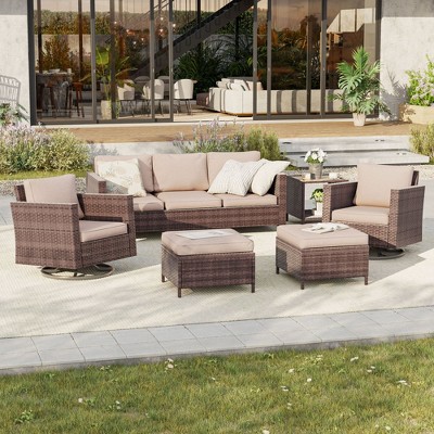 Sonkuki Outdoor 6-Piece Wicker Patio Conversation Set with 2 Rattan Swivel Rocking Chairs, Side Table, Ottoman and Navy Blue Cushion