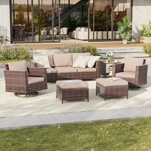 Sonkuki Outdoor 6-Piece Wicker Patio Conversation Set with 2 Rattan Swivel Rocking Chairs, Side Table, Ottoman and Navy Blue Cushion - 1 of 4