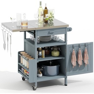 Zevemomo Outdoor Grill Cart with Drop Leaf, Stainless Steel Tabletop & Solid Wood Cabinet with Drawer, Towel Rack & Lockable Wheels, Gray-Blue - 1 of 4