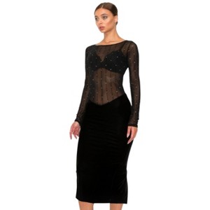 Slickblue Women's Holiday Midi Dress, Velvet Sheer Contrast Design, Long Sleeve Ruched Back, Black, Size S-L - 1 of 4