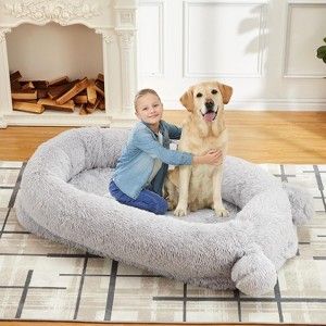 71"L Human Dog Bed with Blanket, 2 Side Storage Pockets and Portable Handle, Removable Cover, High-Density Foam Human Size Dog Bed for Adult - 1 of 4