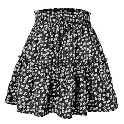 Women's Summer Drawstring Tiered Skirt Casual Floral Print Swing Beach Ruffle Mini Skirt