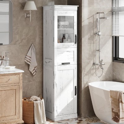 67" Tall Slim Bathroom Cabinet with Glass Doors & Adjustable Shelves, Freestanding Storage Cabinet for Laundry Room, Kitchen, Living Room